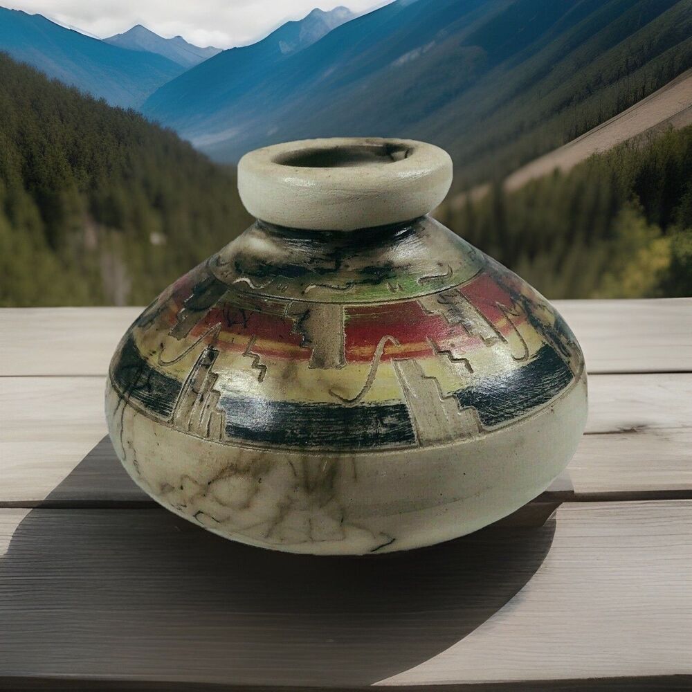 Navajo Horsehair Hand Etched and Hand Painted 3.5" Seed Pot Signed Jacquez Begay